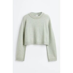 H&M Pearl Embellished Cropped Sweater Light Green Knit Pullover Womens Size M